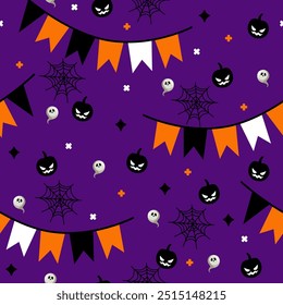 Halloween padrão sem costura com abóboras sinistras pretas, fantasmas, fantasmas, teias de aranha, uma guirlanda de preto, branco, galhardetes laranja no fundo roxo, projeto vetor perfeito para decorações de Halloween