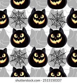 Halloween seamless pattern with black sinister pumpkin-like heads, spider webs, gray silhouettes on white background, perfect vector design for halloween decorations, fabric, wrapping paper, party