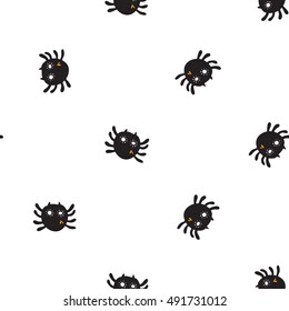 Halloween seamless pattern with black spider. Beautiful vector background for decoration halloween designs. Cute minimalistic art elements on white backdrop.