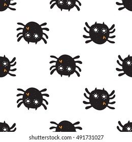 Halloween seamless pattern with black spider. Beautiful vector background for decoration halloween designs. Cute minimalistic art elements on white backdrop.