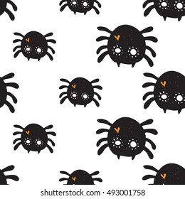 Halloween seamless pattern with black spider. Beautiful vector background for decoration halloween designs. Cute minimalistic art elements on white backdrop.