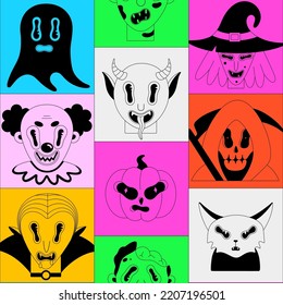 Halloween Seamless Pattern. Black Spooky Fantasy Characters In Bright Frames. Vampire Dracula, Clown, Devil, Pumpkin, Zombie, Cat. Cartoon Scary Portraits. Wallpaper, Print On Clothes, Wrapping Paper