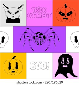 Halloween seamless pattern. Black spooky characters in bright frames. Poisonous spider, pumpkins, ghost. Boo and trick or treat lettering. Cartoon style. Wallpaper, print on clothes, wrapping paper
