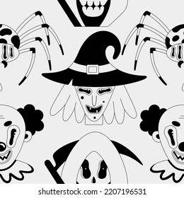 Halloween seamless pattern. Black spooky fantasy characters on white background. Witch, poisonous spider, creepy clown grim reaper. Cartoon scary portraits. Wallpaper, print on clothes, wrapping paper