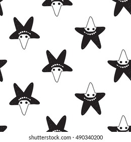 Halloween seamless pattern with black star robber. Beautiful vector background for decoration halloween designs. Cute minimalistic art elements on white backdrop.