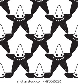Halloween seamless pattern with black star robber. Beautiful vector background for decoration halloween designs. Cute minimalistic art elements on white backdrop.