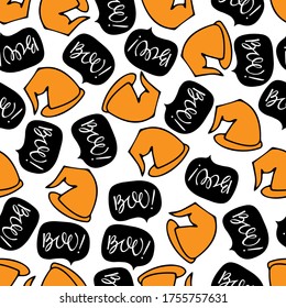 Halloween seamless pattern. Black talking bubble with white Boo lettering and orange witches hat. Vector halloween illustration. For packings, wrappers, greeting card, banner, party decor