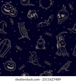 Patrón de Halloween sin fisuras negro, Ilustración vectorial de fiesta de Halloween, calabaza, gato negro, búho, caramelo, araña, fantasma, lápida, ataúd, parca, sombrero, cráneo, globo ocular, caldero de bruja.