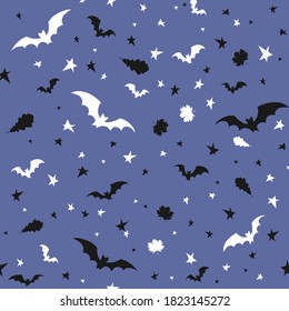 Halloween seamless pattern with black and white bats on blue background. Endless background, wallpaper, wrapping, packaging, texture, paper. Vector illustration in flat style.