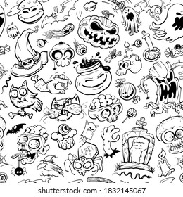 Patrón ininterrumpido de Halloween, ilustración gráfica de línea vectorial dibujada a mano negra y blanca con elementos artísticos clásicos de halloween
