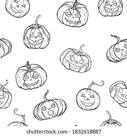 Halloween seamless pattern of black and white pumpkins with carving scary smiling cute glowing faces. design for holiday greeting card and invitation, flyers, posters, banner halloween party holiday