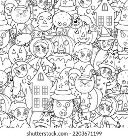 Halloween seamless pattern in black and white. Doodle coloring page for adult and kids with pumpkin, witch, kids in costumes and others. Vector illustration
