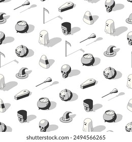 Halloween seamless pattern of black and white isometric icons with shadow on transparent background