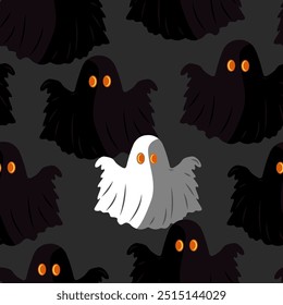 Nahtloses Halloween-Muster mit schwarz-weißen Geistern auf dunklem Hintergrund, perfektes Vektordesign für Halloween-Dekorationen, Stoff, Packpapier, Partyeinladungen und unheimliche Projekte