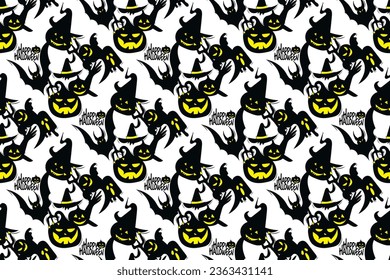 Halloween seamless pattern with black, yellow and white on white background
