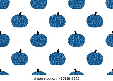 Halloween seamless  pattern, blue pumpkin with white circles on  white background. All Saints' Day. National international holiday. For backgrounds, wallpapers, textiles, packaging, or  website.