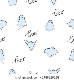 Halloween seamless pattern blue spooky ghosts on white backgrounds. Minimal simple concept scary autumn for packaging and fabric