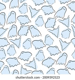 Halloween seamless pattern blue spooky ghosts on white backgrounds. Minimal simple concept scary autumn for packaging and fabric