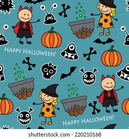 Halloween seamless pattern with boiler, monster pumpkins and other symbols of the holiday