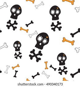 Halloween seamless pattern with bones and black mexican skull with crossbones. Beautiful vector background for decoration halloween designs. Cute minimalistic art elements on white backdrop.