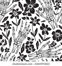 Halloween seamless pattern with bones and flowers.Monochrome floral halloween background