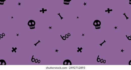 Halloween seamless pattern with bones, skulls, other holiday death symbols. Vector illustration, wrapped paper, background and texture in flat doodle style, isolated.