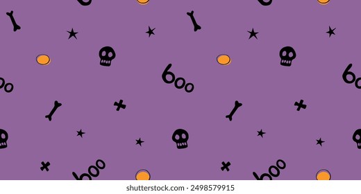 Halloween seamless pattern with bones, skulls, other holiday symbols. Vector illustration, wrapped paper, background and texture in flat doodle style, isolated.