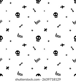 Halloween seamless pattern with bones, skulls, other holiday death symbols. Vector illustration, wrapped paper, background and texture in flat doodle style, isolated.