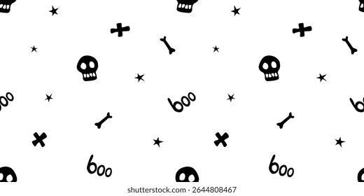 Halloween seamless pattern with bones, skulls, other holiday death symbols. Vector illustration, wrapped paper, background and texture in flat doodle style, isolated.