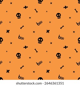 Halloween seamless pattern with bones, skulls, other holiday death symbols. Vector illustration, wrapped paper, background and texture in flat doodle style, isolated.