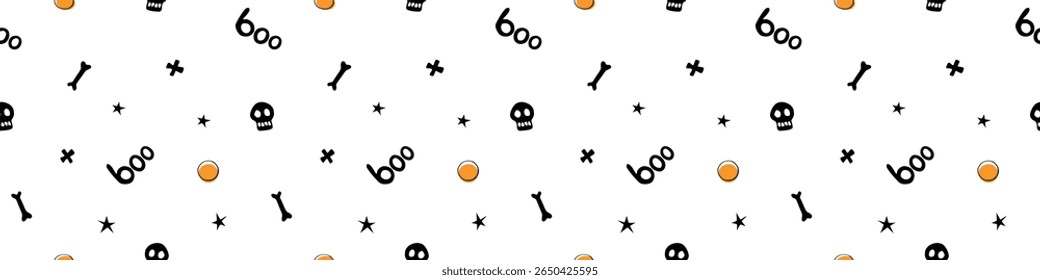 Halloween seamless pattern with bones, skulls, other holiday symbols. Vector illustration, wrapped paper, background and texture in flat doodle style, isolated.