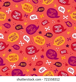 Halloween seamless pattern with bones, stars and speech bubbles on white background. Perfect for wallpaper and greeting cards
