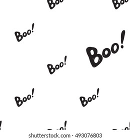 Halloween seamless pattern with boo inscription. Beautiful vector background for decoration halloween designs. Cute minimalistic art elements on white backdrop.