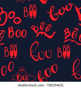 Halloween seamless pattern with boo inscription. Beautiful vector background for decoration halloween designs. Cute lettering elements