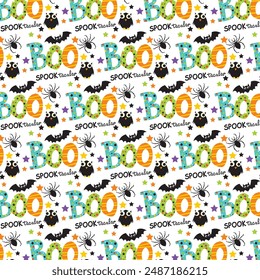 Halloween seamless pattern with boo text, bat and owl