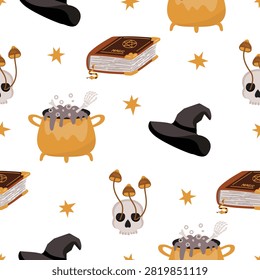 Halloween seamless pattern with books of spells, human skulls overgrown with mushrooms, potion, and witch hats. Cartoon objects in warm earthy tones on white background with stars. Vector design.