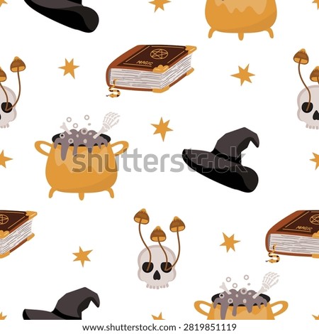Halloween seamless pattern with books of spells, human skulls overgrown with mushrooms, potion, and witch hats. Cartoon objects in warm earthy tones on white background with stars. Vector design.