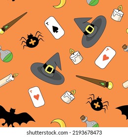 Halloween seamless pattern. Bright background with witch's accessories. Autumn style. Vector illustration in a flat style.
