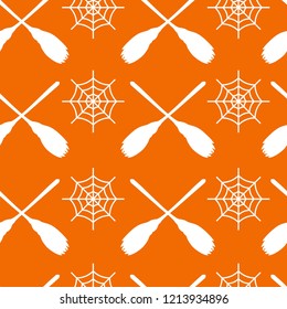 Halloween Seamless Pattern Broom Cobweb