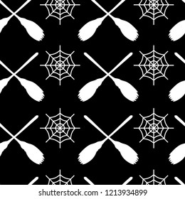 Halloween Seamless Pattern Broom Cobweb