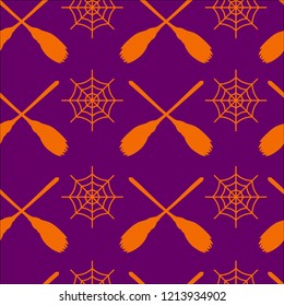 Halloween Seamless Pattern Broom Cobweb