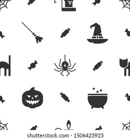 Halloween seamless pattern with broom, witch hat, pumpkin, spider, web, magic pot, black cat and candy. Black flat silhouettes in modern simple style. Vector illustration on white background.