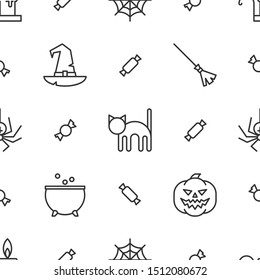 Halloween seamless pattern with broom, witch hat, pumpkin, spider, web, magic pot, black cat and candy. Black line decoration elements in outline simple style. Vector illustration on white background.