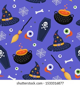 Halloween seamless pattern with broom, witch hat, spooky eyes and witches brew pot. Hand drawn vector illustration. Endless texture for fabric, background, wrapping paper. 