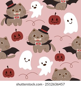 Halloween seamless pattern ,brown cats in Dracula and bat costume , ghosts ,pumpkins , vector ,illustration