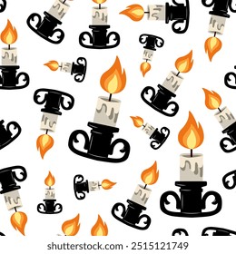 Halloween seamless pattern with burning candle in candlestick on white background, featuring flickering flame and fire, perfect vector design for halloween decorations, fabric, wrapping paper