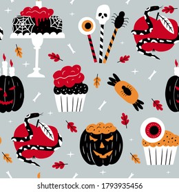 Halloween seamless pattern with cakes and sweets. Vector holiday illustration for Day of the dead or Halloween. Vector hand drawn illustration.