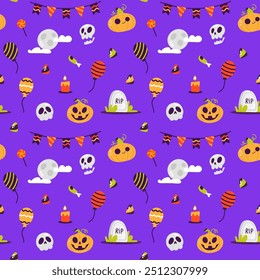 Halloween seamless pattern with candies pumpkin skull ghost bones candy