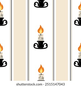 Padrão sem emenda de Halloween com velas em castiçais pretos com chamas abertas sobre fundo listrado branco, projeto vetor perfeito para decorações de halloween, tecido, papel de embrulho, convites de festa