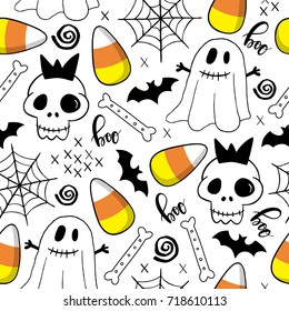 Halloween seamless pattern with candy, bones, skeleton and other. Template for Party card, Greeting Scrapbooking, Congratulations, Invitations, Stickers. Vector illustration.